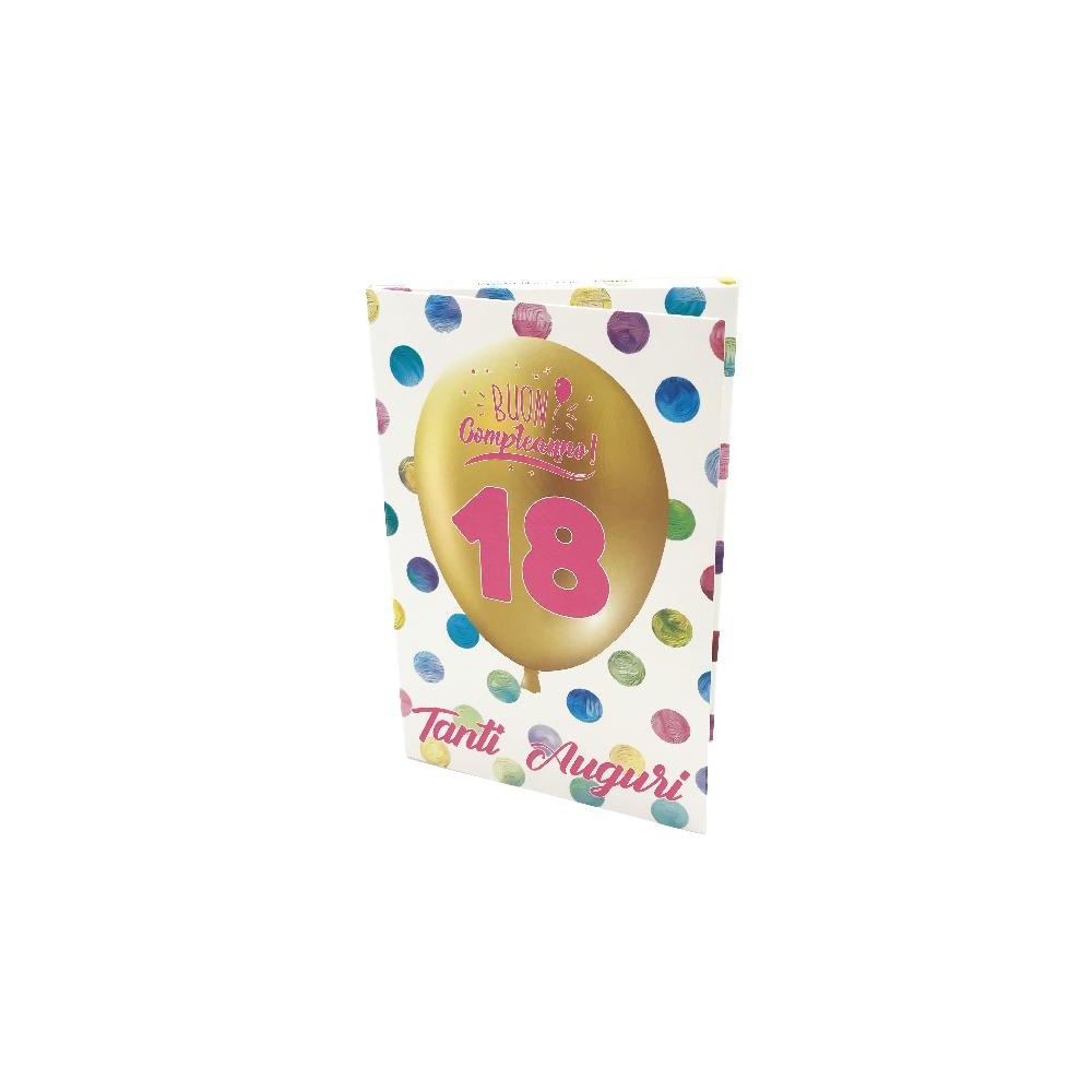 Biglietto Esplosivo 18 Anni Lei con palloncino oro e pois colorati