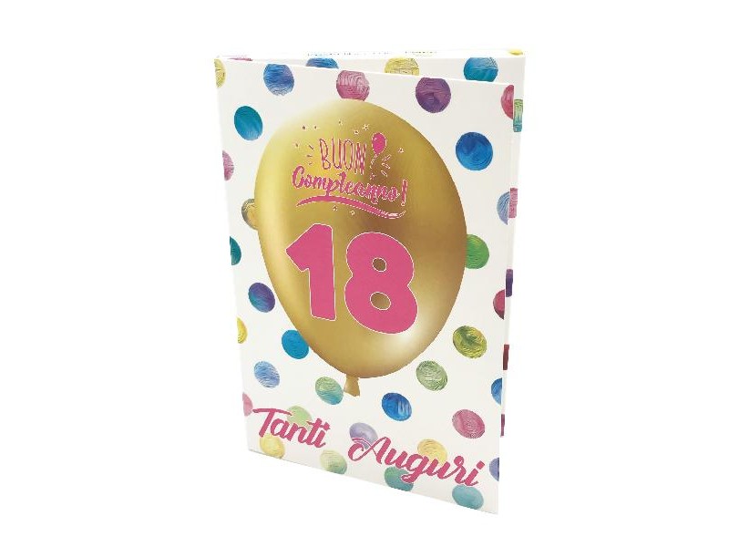 Biglietto Esplosivo 18 Anni Lei con palloncino oro e pois colorati