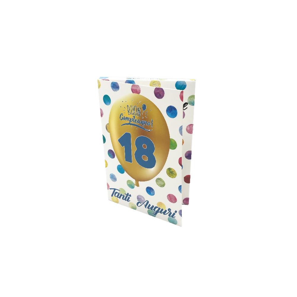 Biglietto Esplosivo 18 Anni Lui con palloncino dorato e pois colorati sulla copertina