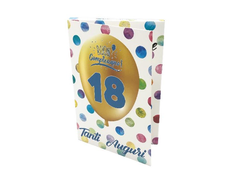 Biglietto Esplosivo 18 Anni Lui con palloncino dorato e pois colorati sulla copertina