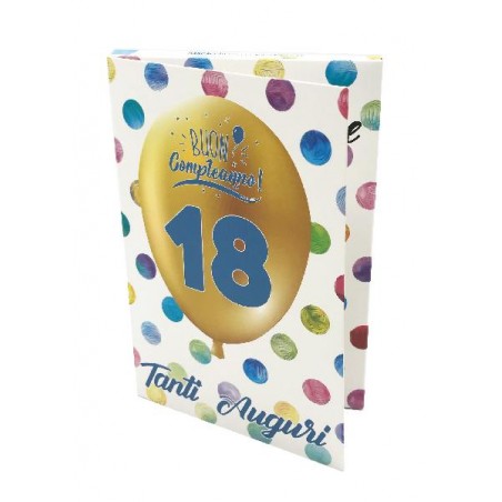 Biglietto Esplosivo 18 Anni Lui con palloncino dorato e pois colorati sulla copertina