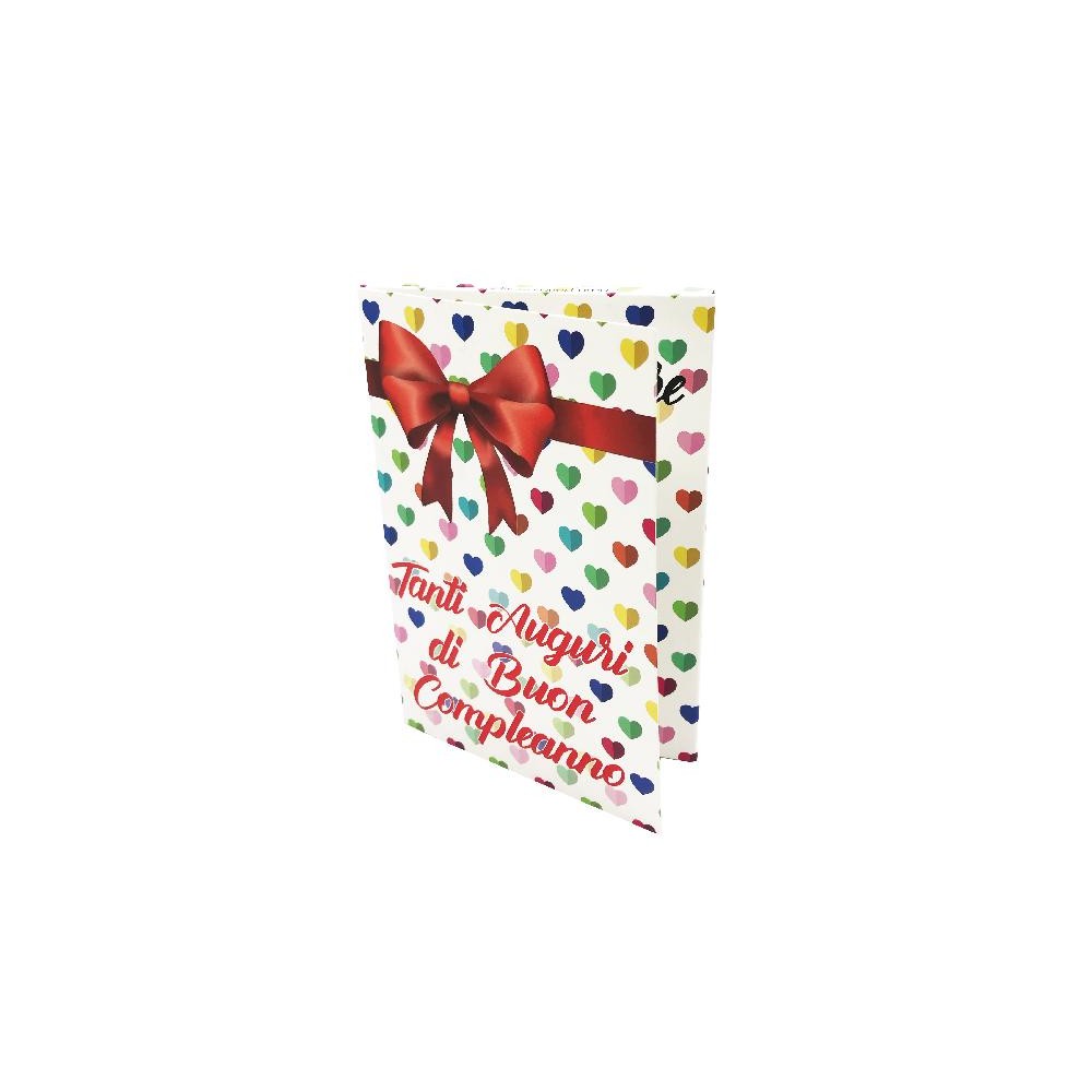 Biglietto Esplosivo Tanti Auguri Lei – fiocco rosso su sfondo a cuori colorati
