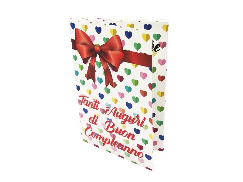 Biglietto Esplosivo Tanti Auguri Lei – fiocco rosso su sfondo a cuori colorati