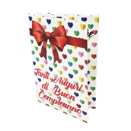 Biglietto Esplosivo Tanti Auguri Lei – fiocco rosso su sfondo a cuori colorati
