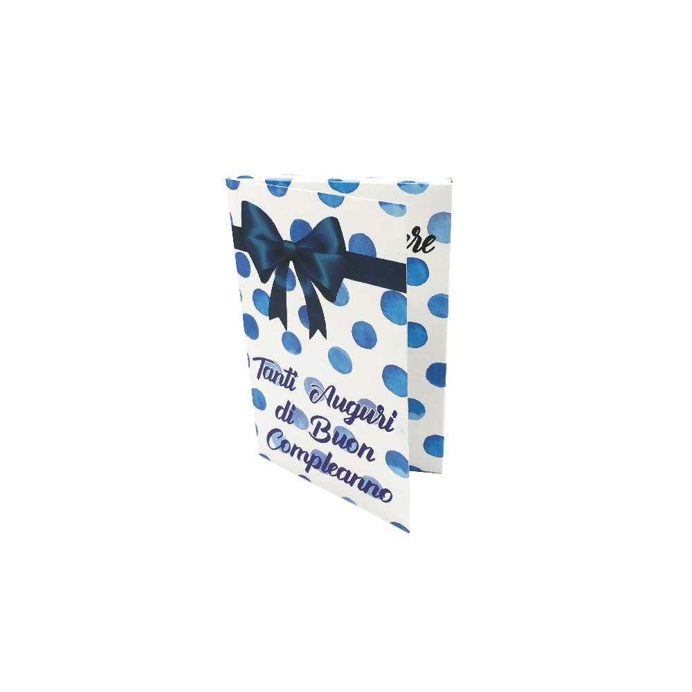 Biglietto Esplosivo Tanti Auguri Lui con pois blu e fiocco elegante – fronte