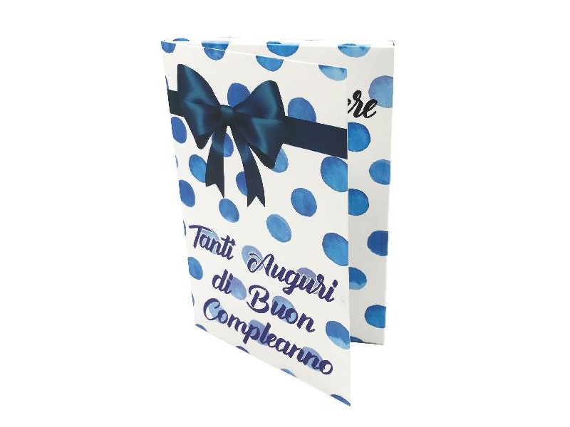 Biglietto Esplosivo Tanti Auguri Lui con pois blu e fiocco elegante – fronte