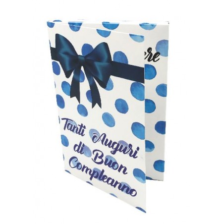 Biglietto Esplosivo Tanti Auguri Lui con pois blu e fiocco elegante – fronte