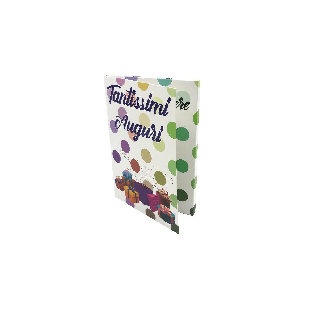 Biglietto Esplosivo Tantissimi Auguri – copertina con pois colorati e pacchi regalo