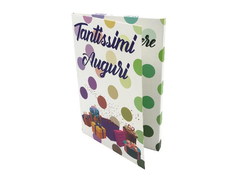 Biglietto Esplosivo Tantissimi Auguri – copertina con pois colorati e pacchi regalo