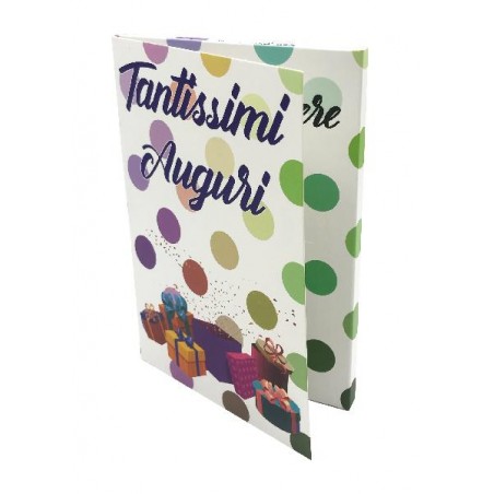Biglietto Esplosivo Tantissimi Auguri – copertina con pois colorati e pacchi regalo