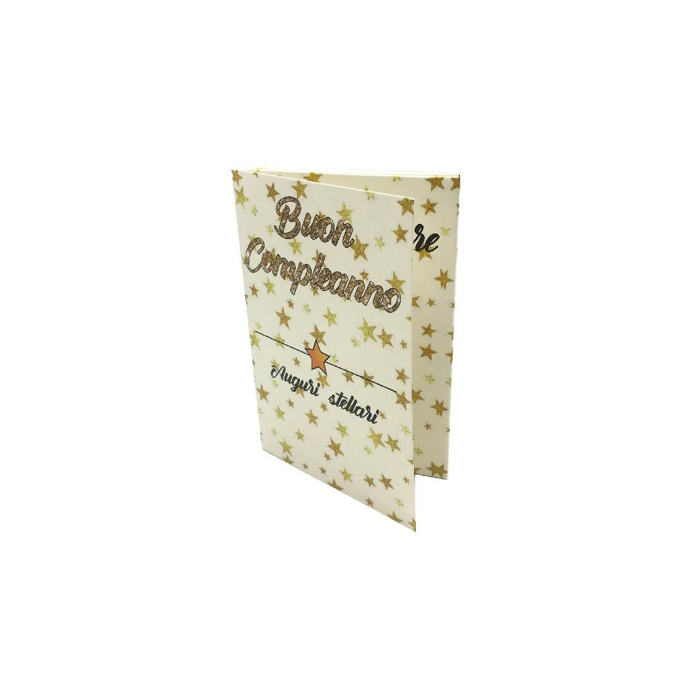 Biglietto Esplosivo Buon Compleanno con stelle dorate e scritta glitter