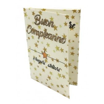Biglietto Esplosivo Buon Compleanno con stelle dorate e scritta glitter
