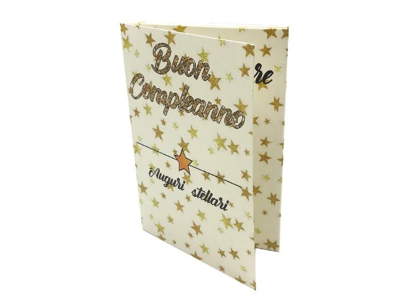 Biglietto Esplosivo Buon Compleanno con stelle dorate e scritta glitter