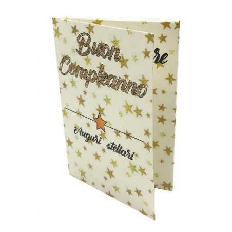 Biglietto Esplosivo Buon Compleanno con stelle dorate e scritta glitter