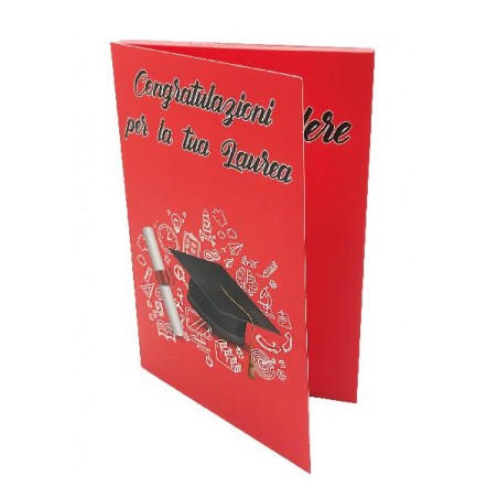 Biglietto Esplosivo Laurea rosso con tocco accademico e scritta congratulazioni