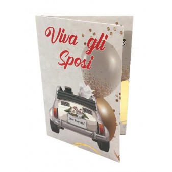 Copertina biglietto Viva gli Sposi con auto Just Married e palloncini oro