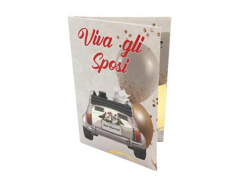 Copertina biglietto Viva gli Sposi con auto Just Married e palloncini oro