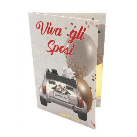 Copertina biglietto Viva gli Sposi con auto Just Married e palloncini oro