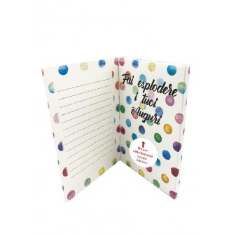 Interno del biglietto esplosivo con invito a scrivere gli auguri e attivare l'effetto coriandoli