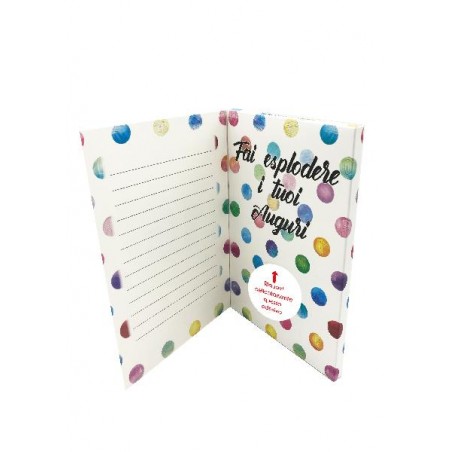 Interno del biglietto esplosivo con invito a scrivere gli auguri e attivare l'effetto coriandoli