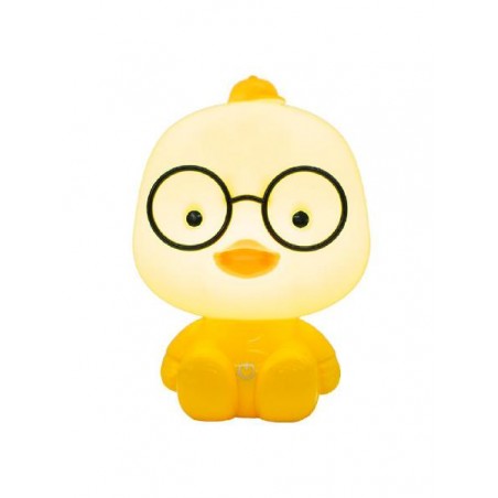 Lampada Duck accesa, forma paperella con occhiali neri