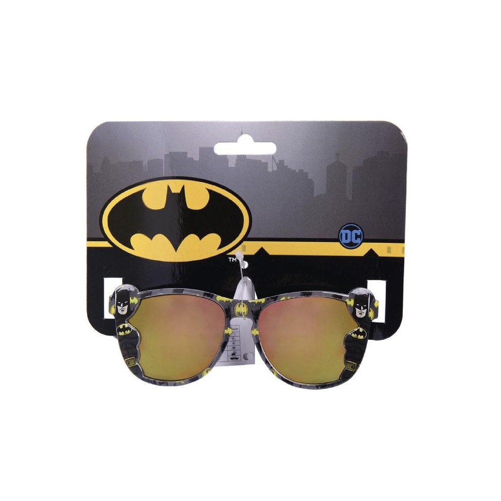 Occhiali da sole Batman bambino con montatura decorata e lenti sfumate specchiate, confezione originale con logo DC Comics e Batman.