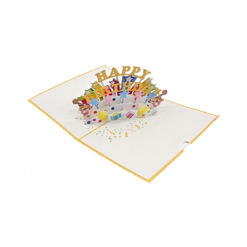 Biglietto di compleanno pop-up 3D con scritta Happy Birthday e decorazioni colorate