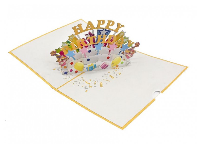 Biglietto di compleanno pop-up 3D con scritta Happy Birthday e decorazioni colorate