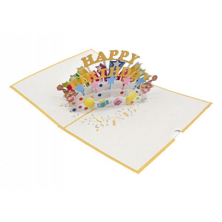 Biglietto di compleanno pop-up 3D con scritta Happy Birthday e decorazioni colorate