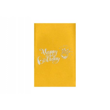 Copertina gialla con scritta Happy Birthday e torta stilizzata in bianco