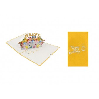 Interno pop-up tridimensionale con stelle, regali e palloncini colorati