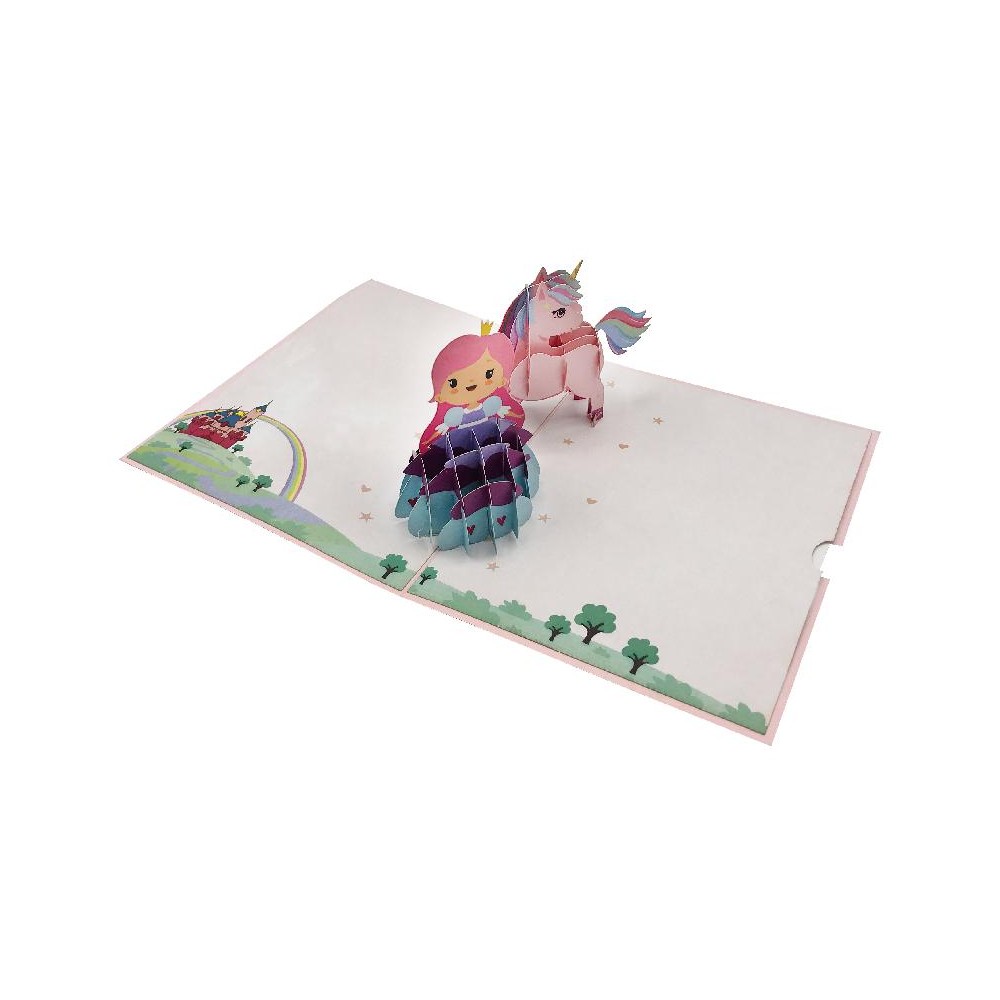 Biglietto di compleanno pop-up 3D con principessa e unicorno su sfondo fiabesco