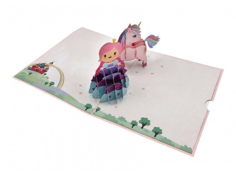 Biglietto di compleanno pop-up 3D con principessa e unicorno su sfondo fiabesco