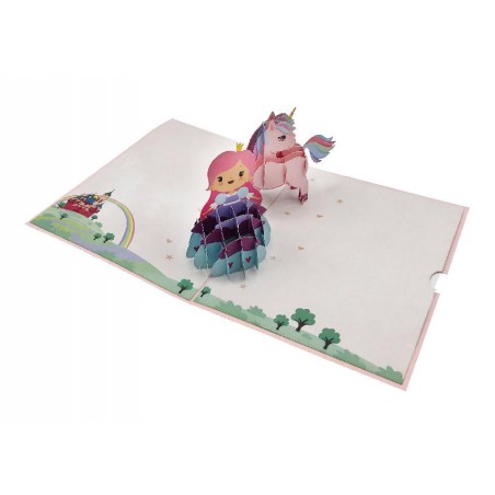 Biglietto di compleanno pop-up 3D con principessa e unicorno su sfondo fiabesco