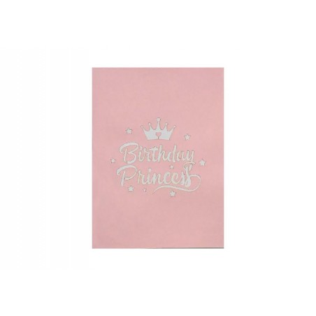 Copertina rosa con scritta “Birthday Princess” intagliata a laser e corona