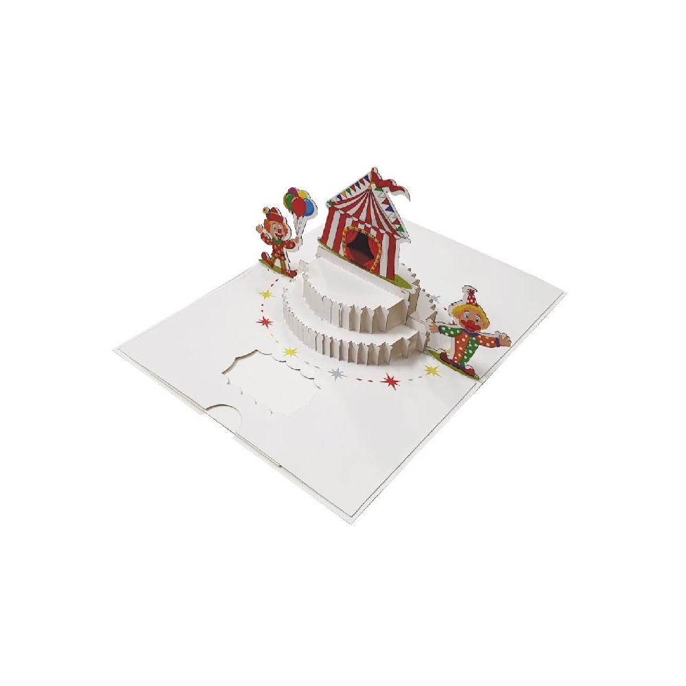 Biglietto di compleanno con pagliacci e tendone pop-up 3D, colori vivaci