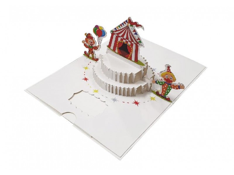 Biglietto di compleanno con pagliacci e tendone pop-up 3D, colori vivaci