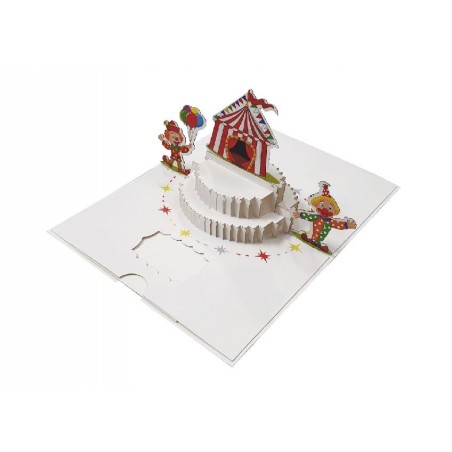 Biglietto di compleanno con pagliacci e tendone pop-up 3D, colori vivaci