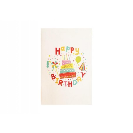Copertina biglietto “Happy Birthday” con torta e festoni colorati