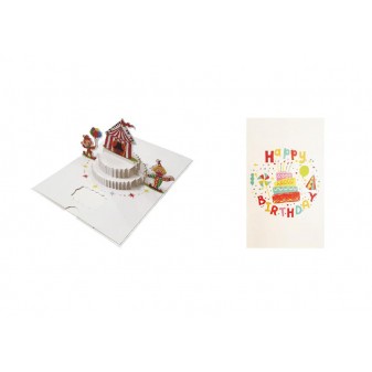 Interno biglietto pop-up tema circo con clown e palco in carta origami