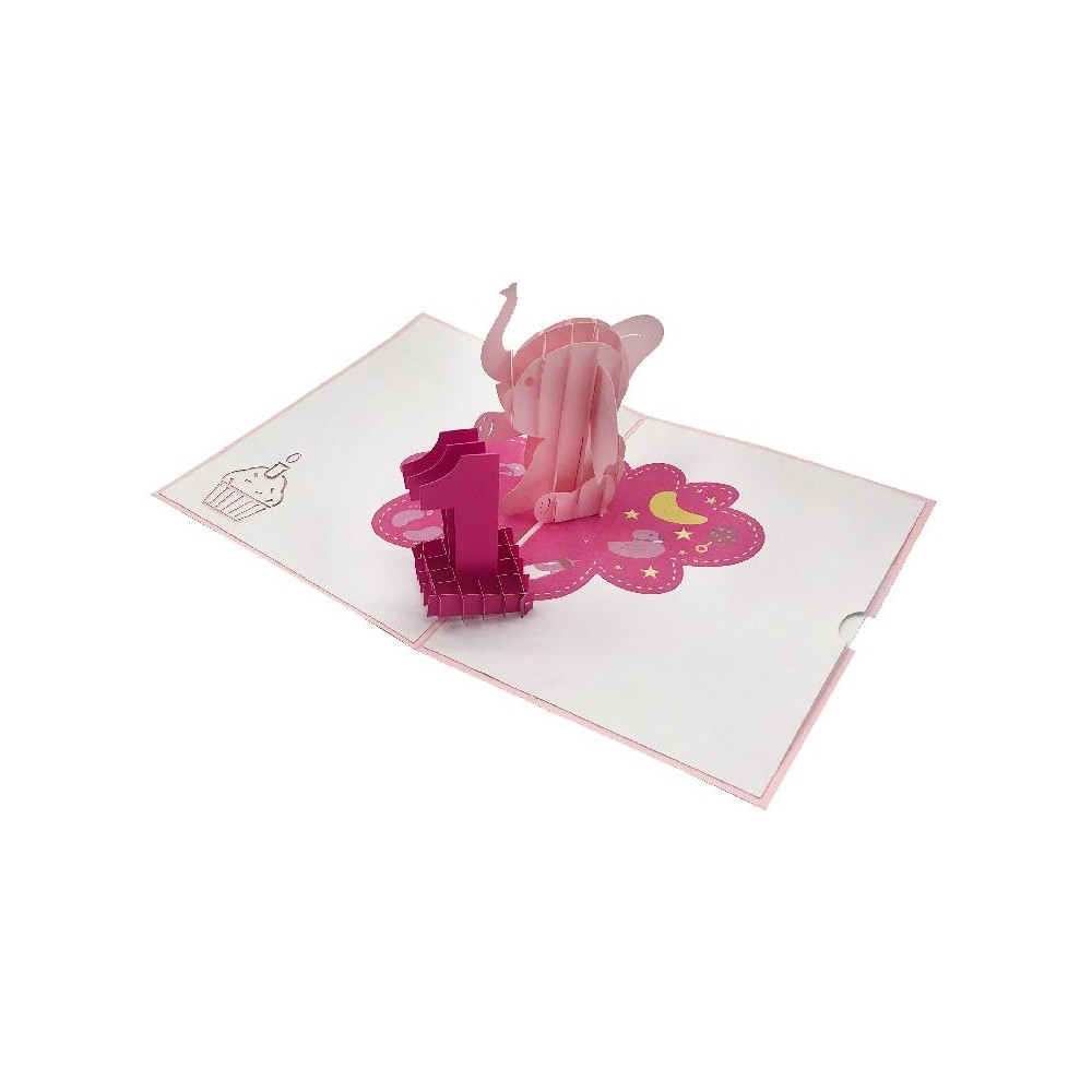 Biglietto di primo compleanno con elefantino rosa e numero 1 pop-up
