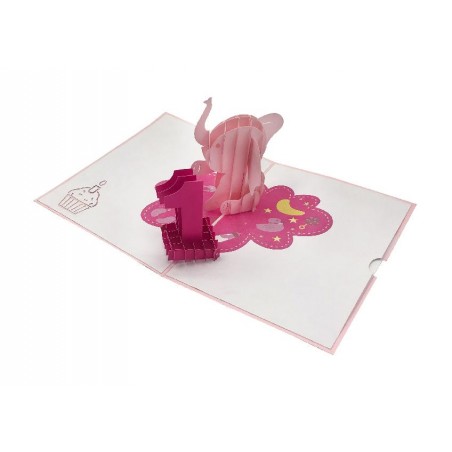 Biglietto di primo compleanno con elefantino rosa e numero 1 pop-up