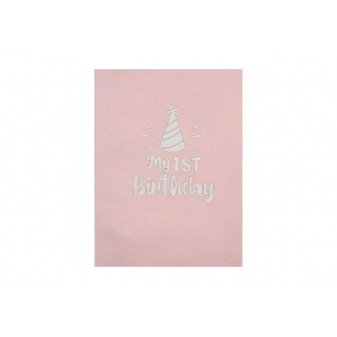 Copertina rosa “My 1st Birthday” con cappellino da festa bianco