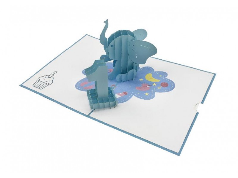 Biglietto di primo compleanno con elefantino pop-up azzurro e numero 1
