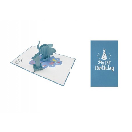 Biglietto aperto con scena pop-up 3D elefante e decorazioni baby