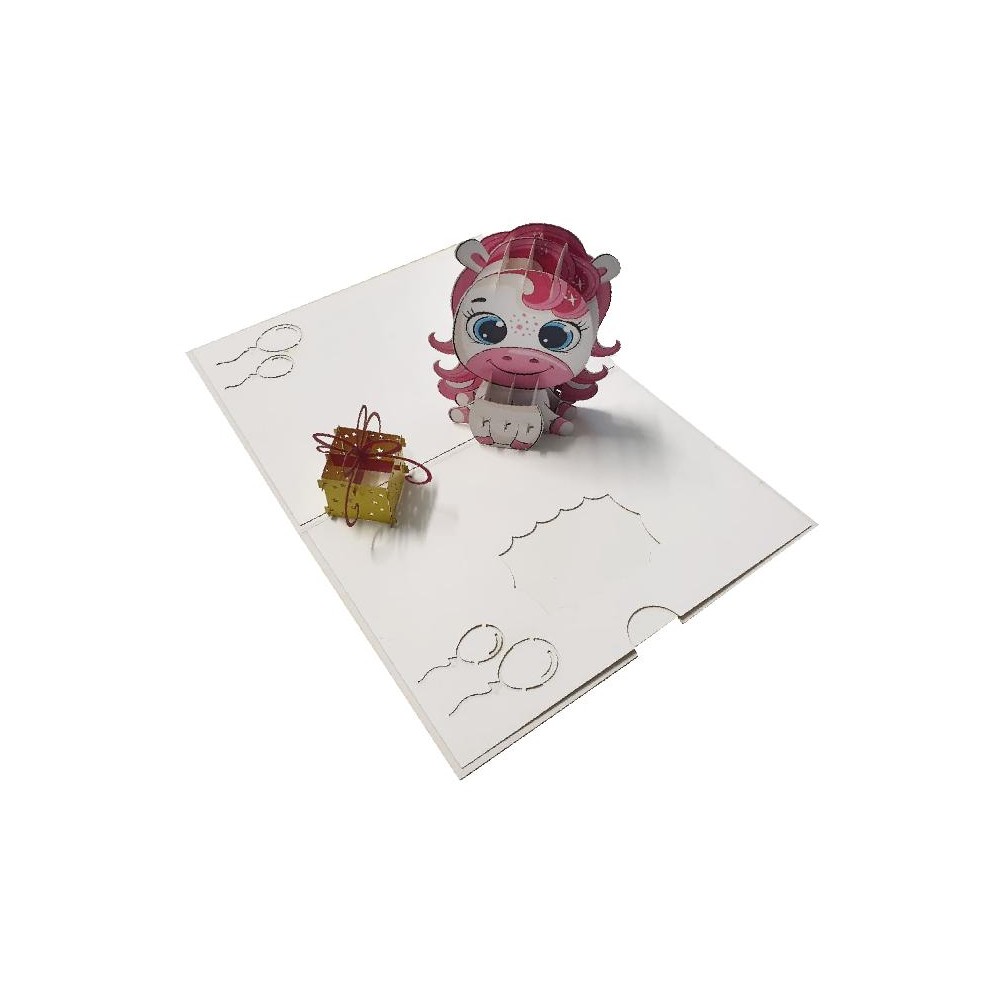 Biglietto di compleanno con cavallina rosa e pacco regalo pop-up
