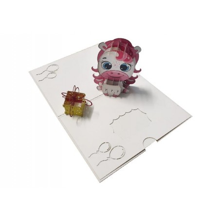 Biglietto di compleanno con cavallina rosa e pacco regalo pop-up