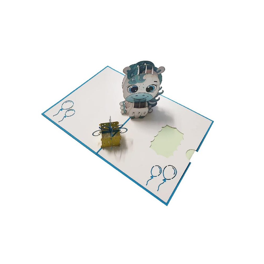 Biglietto di compleanno con cavallino blu e pacco regalo pop-up
