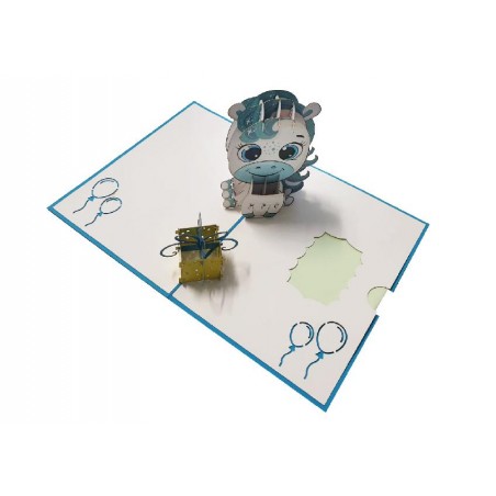 Biglietto di compleanno con cavallino blu e pacco regalo pop-up