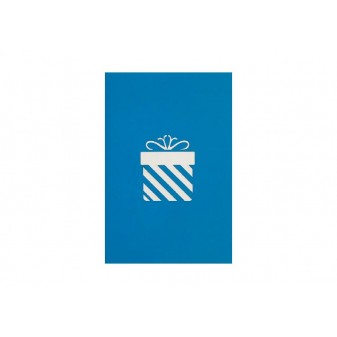 Copertina biglietto blu con disegno bianco di pacco regalo